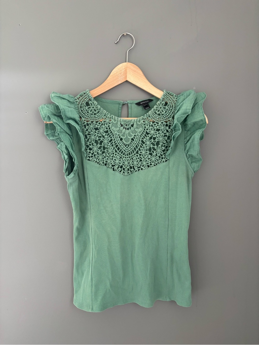 RW&CO Sleeveless Crochet Yoke Ruffle Top in Sage Green | Size M